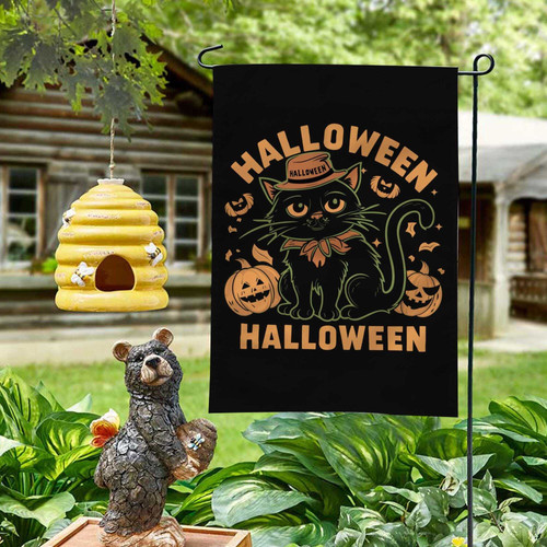 Halloween black cat garden flag, preppy goth style for outdoor yard decor; spooky seasonal banner for porch or lawn. | Familywalldecor
