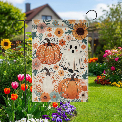 Boho ghost and pumpkin garden flag with sunflowers, whimsical floral Halloween yard decor for porch or garden, fall tones | Familywalldecor