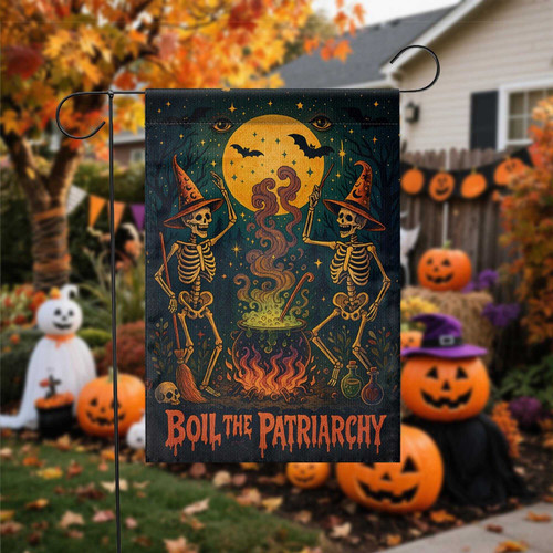Witchy feminist Halloween garden flag with skeleton at cauldron and 'Boil the Patriarchy' text for spooky outdoor yard decor | Familywalldecor