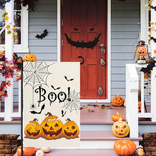 Halloween pumpkin garden flag with bold BOO lettering, double-sided farmhouse yard decor for porch or garden, orange-black | Familywalldecor