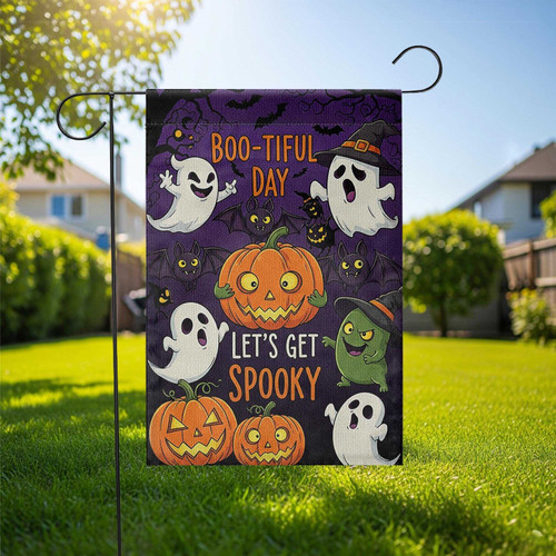 Ghost and pumpkin Halloween garden flag with 'Boo-tiful Day' text, cute spooky yard decor for front porch or walkway | Familywalldecor