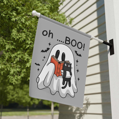 Bookish ghost Halloween house flag with cute Boo design, books and cat motif for cozy yard decor for readers and cat moms | Familywalldecor