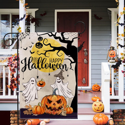 Halloween garden flag featuring friendly ghost and jack-o'-lantern, festive outdoor decor for patio, lawn, or front yard. | Familywalldecor