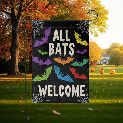 Halloween bat garden flag featuring a funny spooky bat under a full moon on orange, outdoor yard decor for Halloween night. | Familywalldecor