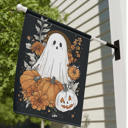 Cute ghost Halloween house flag with floral goth roses, fall garden banner for outdoor porch, yard, and entryway decor | Familywalldecor