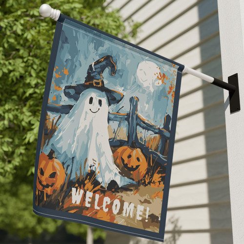 Cute ghost Halloween house flag for porch, spooky goth fall garden banner with black accents, vertical outdoor yard decor | Familywalldecor