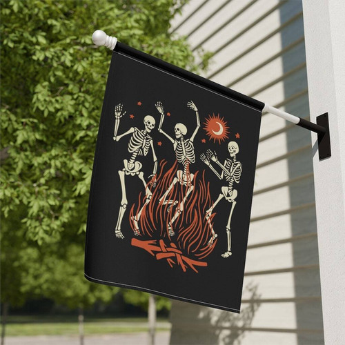 Halloween dancing skeleton house flag for spooky goth fall yard decor, vertical banner with bones motif and eerie accents | Familywalldecor