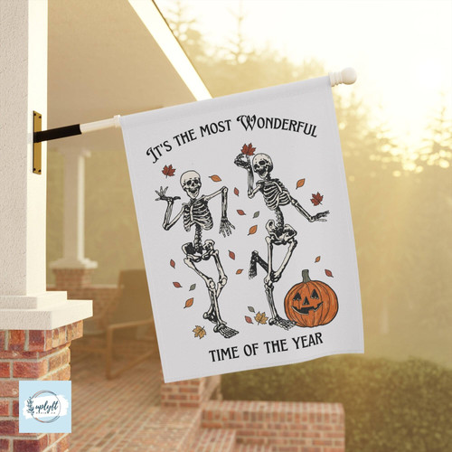 Halloween house flag featuring a dancing skeleton, outdoor garden and yard decor, vertical banner for porch, lawn, or entryway | Familywalldecor