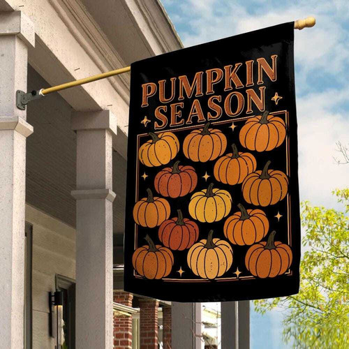 Rustic fall pumpkin garden flag with orange pumpkins and autumn leaves, outdoor sign for Halloween and Thanksgiving. | Familywalldecor