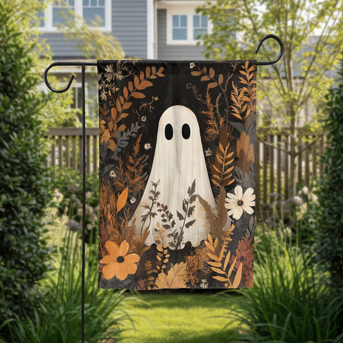 Halloween floral ghost garden flag, rustic autumn yard decor with pastel flowers and spooky charm, vertical outdoor banner | Familywalldecor
