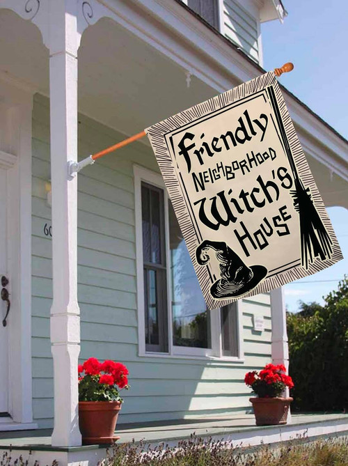 Friendly Neighborhood Witch's House Halloween house flag with spooky cottage illustration and night sky, outdoor yard decor | Familywalldecor