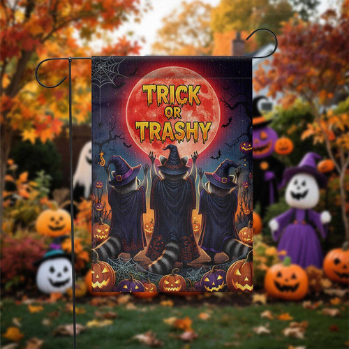 Spooky Halloween garden flag featuring witchy raccoons with pumpkins, Trick or Trashy design for festive yard decor | Familywalldecor