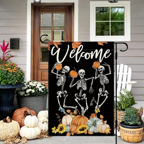 Humorous skeleton garden flag for Halloween, rustic farmhouse yard decor for autumn and Thanksgiving seasonal curb appeal | Familywalldecor