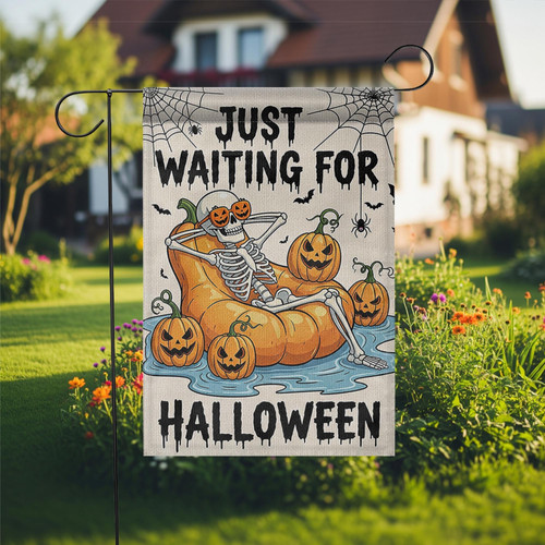 Funny skeleton Halloween garden flag with 'Just Waiting For Halloween' text for spooky fall outdoor yard and garden decor | Familywalldecor