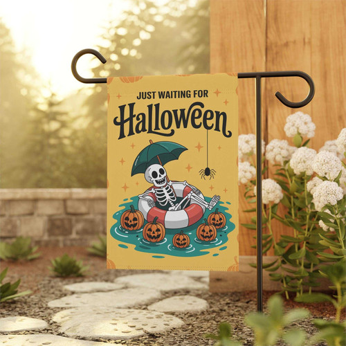 Skeleton Halloween garden flag with 'Just Waiting For Halloween' text, funny yard decor for porch or lawn in autumn | Familywalldecor