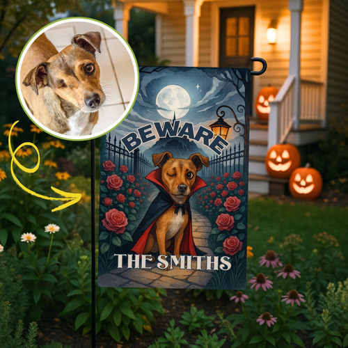 Halloween funny dog garden flag personalized with pet name, outdoor yard decor for dog mom and dad; playful seasonal accent | Familywalldecor