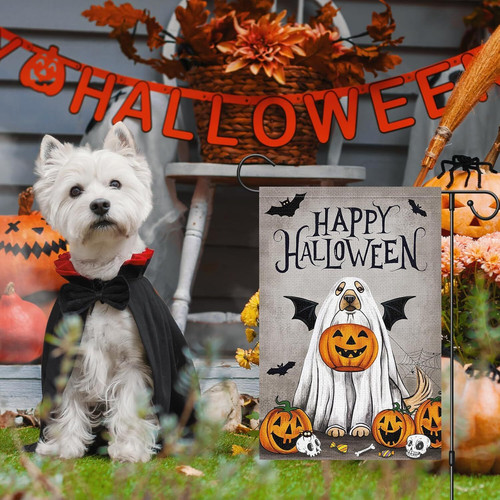 Halloween garden flag with a whimsical dog ghost and pumpkin, charming outdoor yard decor for pet lovers on spooky nights | Familywalldecor