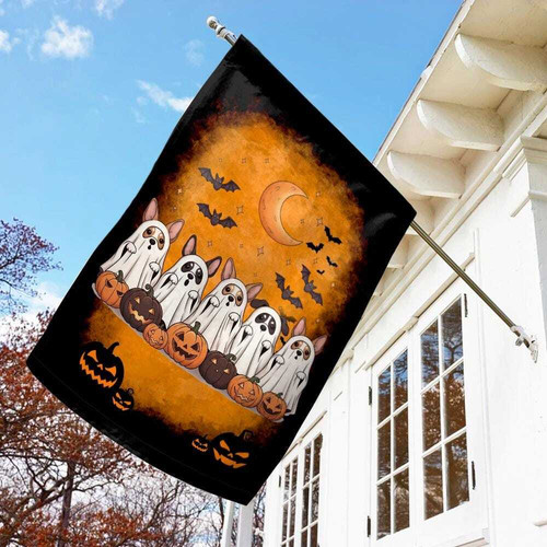 Halloween ghost dog house flag with cute pup in sheet and pumpkins, vertical outdoor decor for porch; gift for dog lovers | Familywalldecor