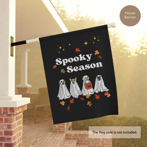 Ghost dogs Halloween house flag with cute trick-or-treat pups, pumpkin pails, and bats for yard decor in spooky season | Familywalldecor
