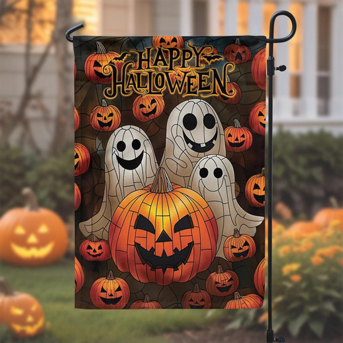 Ghost-themed garden flag for Halloween, vertical burlap style with white ghost and pumpkins for fall patio and lawn decor | Familywalldecor