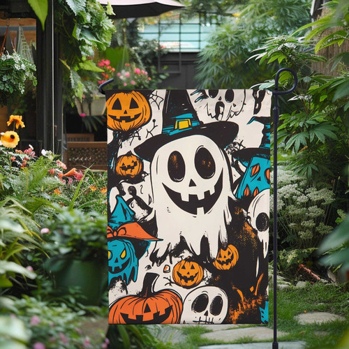 Spooky ghost garden flag personalized with family name for Halloween yard décor, outdoor flag for garden stake or porch. | Familywalldecor