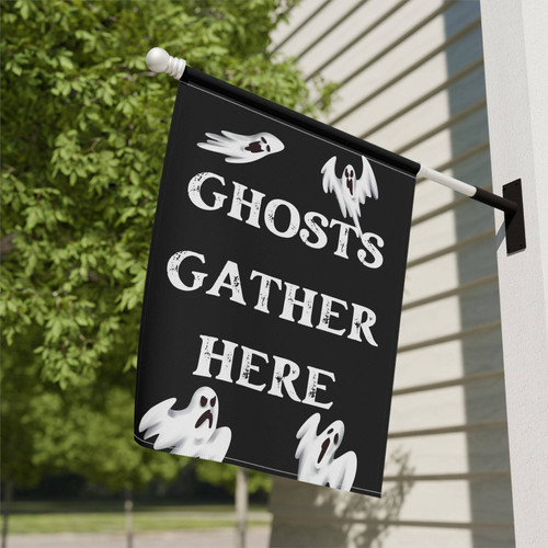 Halloween garden flag with 'Ghosts Gather Here' text and cute spooky ghost illustrations for outdoor yard or garden decor | Familywalldecor