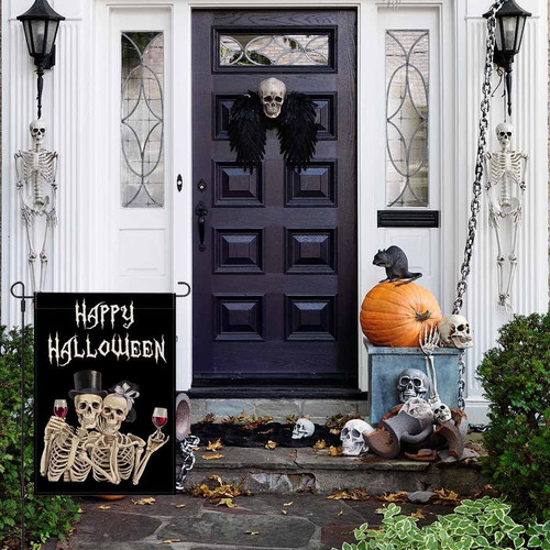 Gothic skeleton couple garden flag for Halloween outdoor decor, a spooky accent for porch, patio, and yard entrances | Familywalldecor