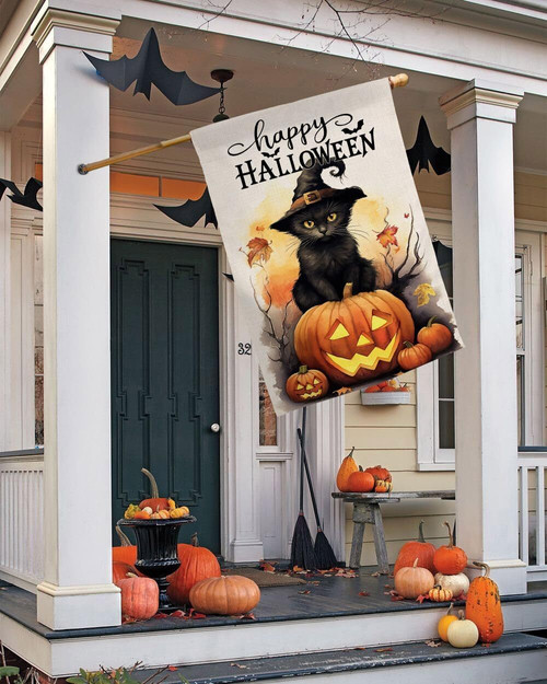 Halloween black cat and pumpkin house flag in rustic burlap, outdoor yard decor for porch or garden, festive fall holiday. | Familywalldecor