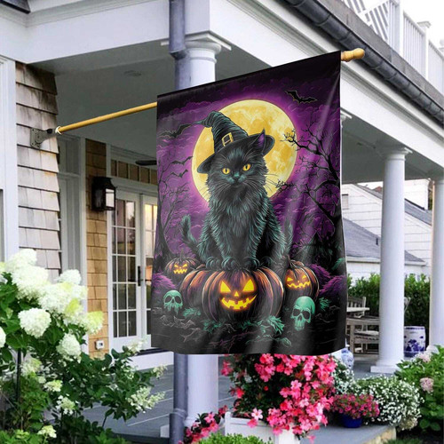 Spooky Halloween black cat house flag with witch theme, full moon and bats, vertical porch display in bold orange and black. | Familywalldecor