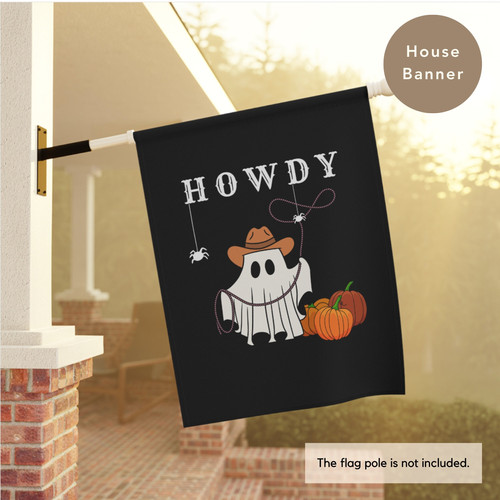 Western cowboy ghost Halloween yard flag with hat and lasso, outdoor garden decor for spooky season yard and porch display | Familywalldecor