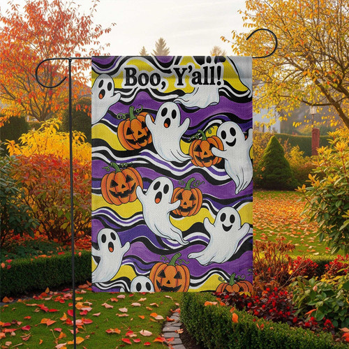 Halloween ghost and pumpkin garden flag, vertical 12x18 inch, burlap look, rustic farmhouse style for festive yard decor | Familywalldecor