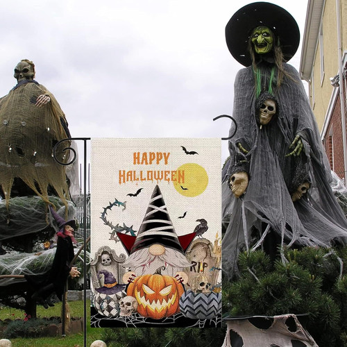Halloween gnomes garden flag in rustic burlap, Happy Pumpkin design for outdoor yard decor, vertical fall accent for lawn | Familywalldecor
