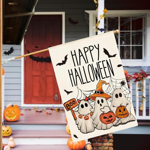 Halloween house flag with spooky white ghosts and glowing jack-o'-lanterns for outdoor décor on porch or entryway | Familywalldecor