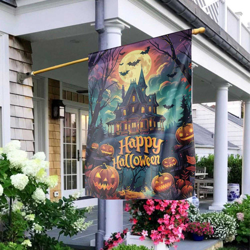 Halloween house flag featuring a haunted house scene, spooky outdoor decor for porch or yard, vertical banner for seasonal entryway. | Familywalldecor
