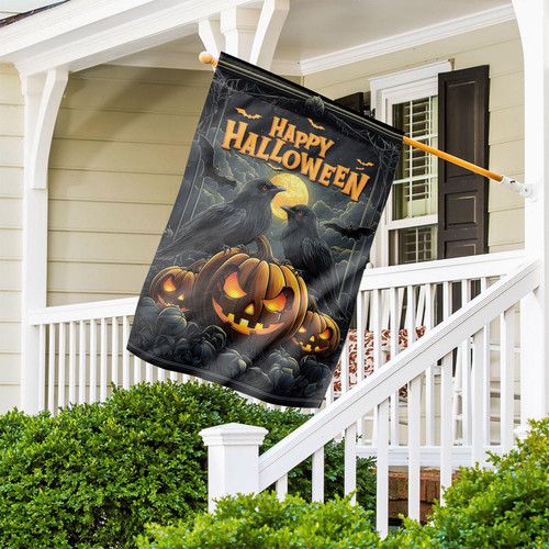 Halloween house flag featuring black ravens and bright pumpkins for festive porch or garden decor, seasonal outdoor display | Familywalldecor