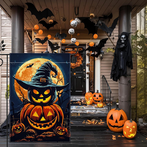 Halloween jack-o'-lantern garden flag, double-sided yard decor with bright pumpkin face for festive outdoor holiday display | Familywalldecor