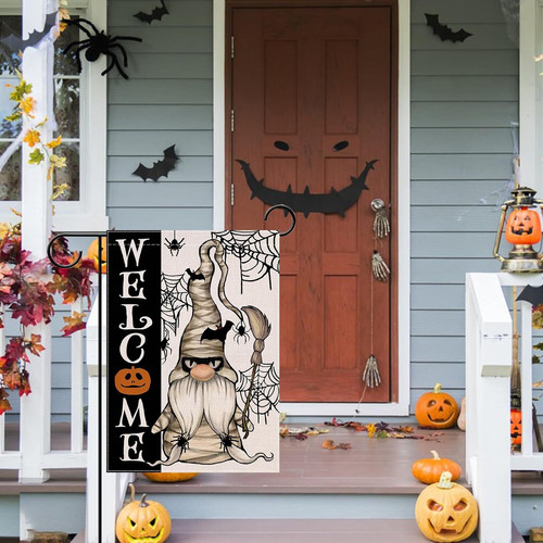 Halloween mummy gnome garden flag, spooky outdoor yard decor with spider web accents and pumpkin motif for porch or lawn | Familywalldecor