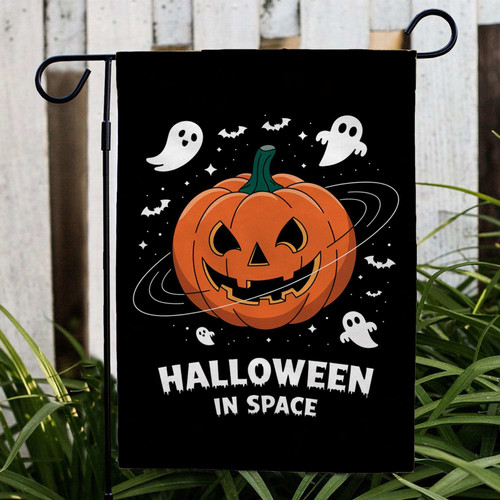 Halloween pumpkin garden flag with grinning jack-o'-lantern, bats, and full moon, vertical outdoor yard decor for porches | Familywalldecor