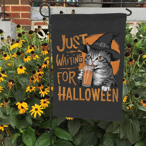 Halloween witchy garden flag with spooky cat and 'Just Waiting For Halloween' text, festive fall outdoor yard decor | Familywalldecor