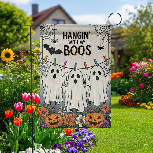 Halloween ghost garden flag with 'Hangin’ With My Boos' text, pumpkins, vertical burlap look for charming fall yard decor | Familywalldecor