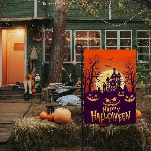 Happy Halloween garden flag with haunted house, pumpkin, and ghost design for outdoor yard decor, vertical seasonal lawn sign | Familywalldecor