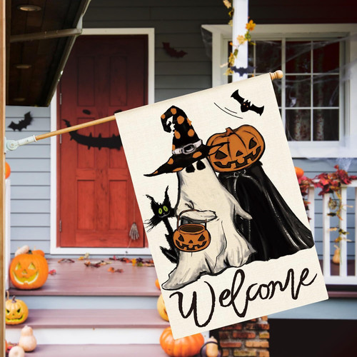 Halloween house flag featuring ghost and black cat with Welcome text, vertical outdoor yard banner for porch or garden decor | Familywalldecor