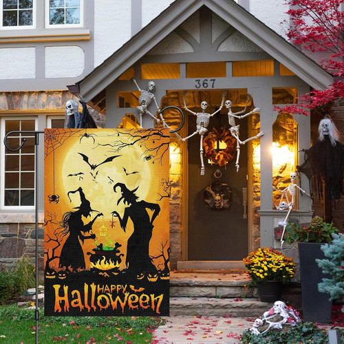 Halloween witch garden flag, small burlap yard decor with welcome text for outdoor lawn or garden, rustic porch accent | Familywalldecor