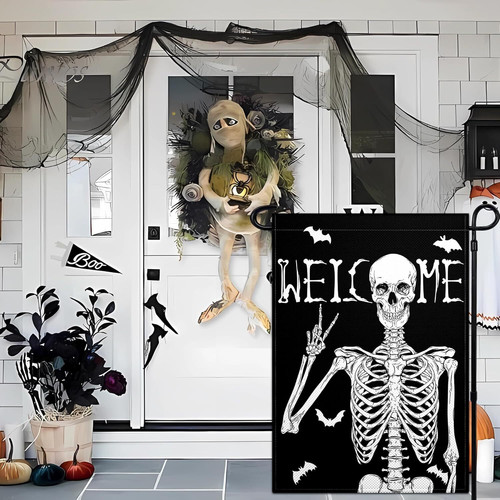 Halloween skull garden flag with Welcome text, spooky horror decor for yard or porch; display outdoors or indoors. | Familywalldecor