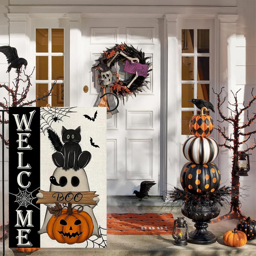 Halloween garden flag with welcome message featuring friendly ghost, black cat, and pumpkin for festive outdoor yard decor | Familywalldecor