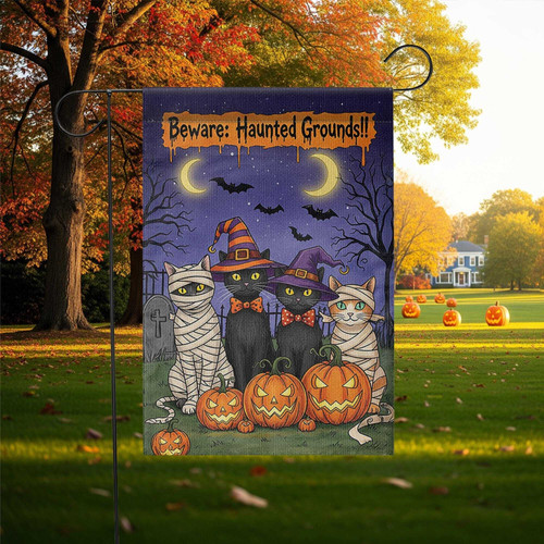 Halloween witch cat and pumpkin garden flag for fall yard decor, double-sided outdoor banner with moonlit sky and bats | Familywalldecor