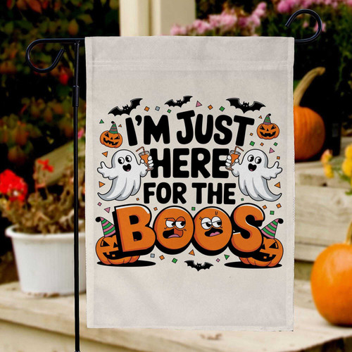 Funny Halloween garden flag with 'I’m Just Here for the Boos' text, vertical yard decor adds spooky vibes to lawn or porch | Familywalldecor
