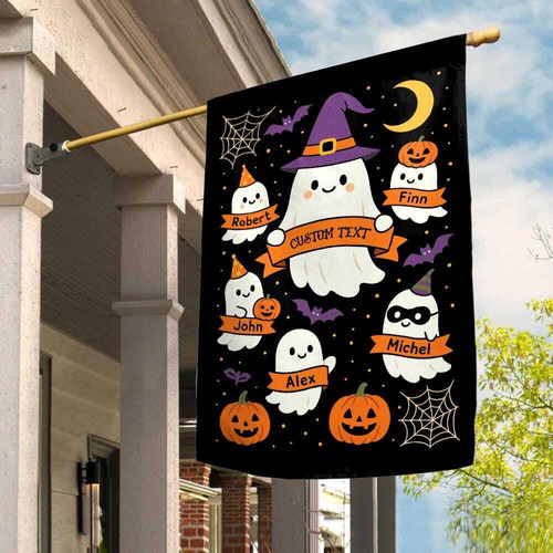 Ghost family Halloween house flag, personalized with family name; white ghosts, pumpkins and bats for spooky yard decor | Familywalldecor