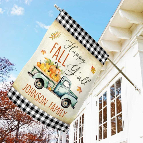 Fall Halloween house flag with 'Happy Fall Y’all', personalized family name, pumpkins and leaves, vertical garden decor | Familywalldecor