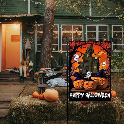 Pumpkin ghosts garden flag, Halloween farmhouse outdoor decor in rustic orange and white, vertical yard banner for fall | Familywalldecor